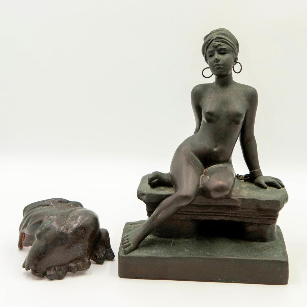 Emmanuel Villanis (French, 1858-1914) Bronze Sculpture Nubian Slave Market of a Nude Woman with Removable Skirt. Signed on the side of the base. Issued: Circa 1890s Dimensions: 10"H x 7"L x 4.5"W Country of Origin: France