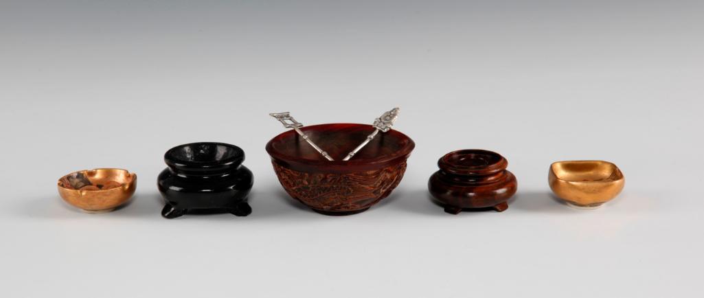 ANTIQUE CHINESE MINIATURE BOWLS CARVED WOOD