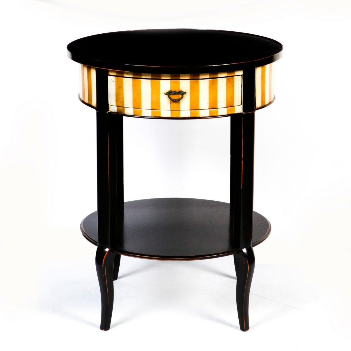 A round end table with dark finish and white and gold vertical stripes.