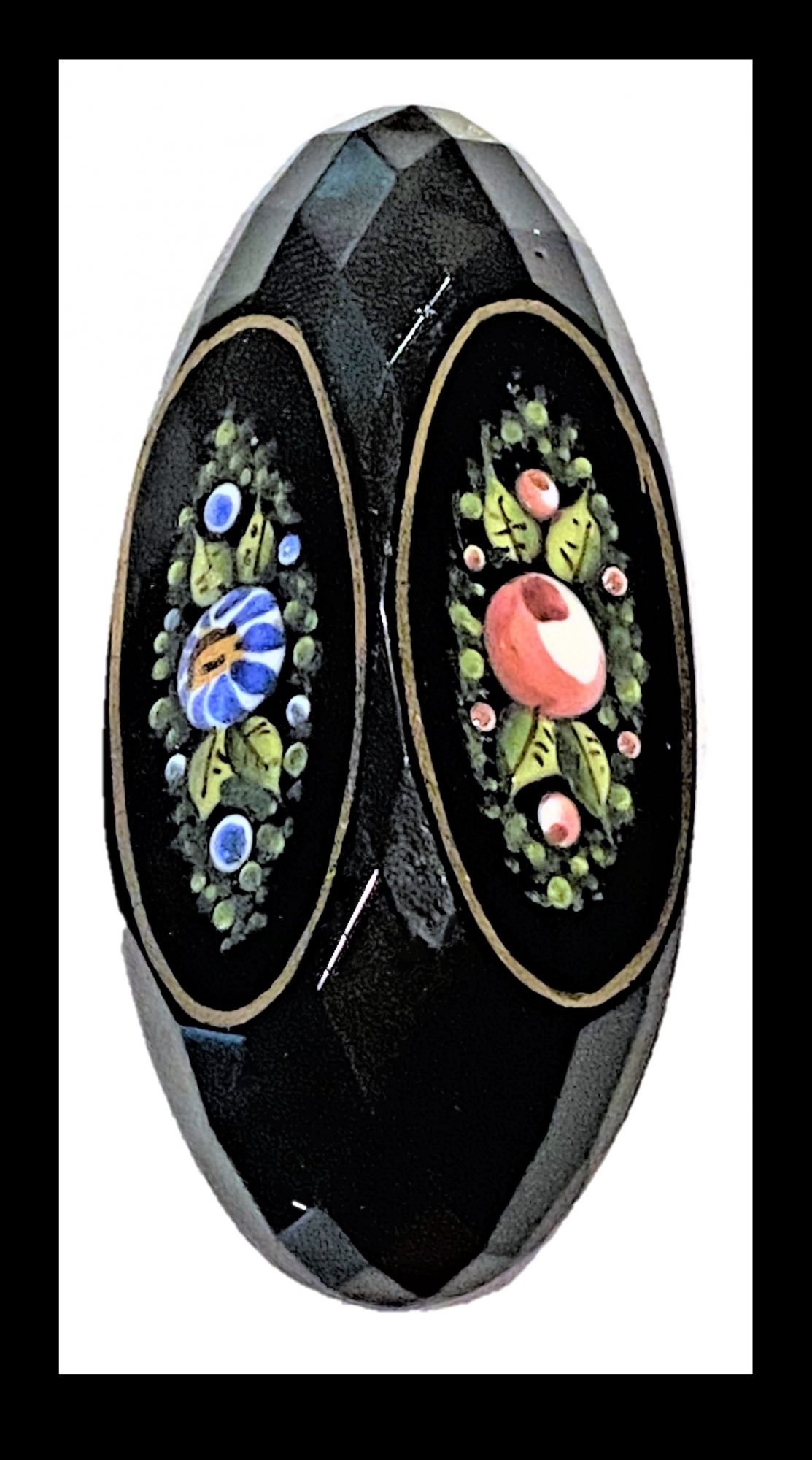 Large oval black glass enameled flowers button
