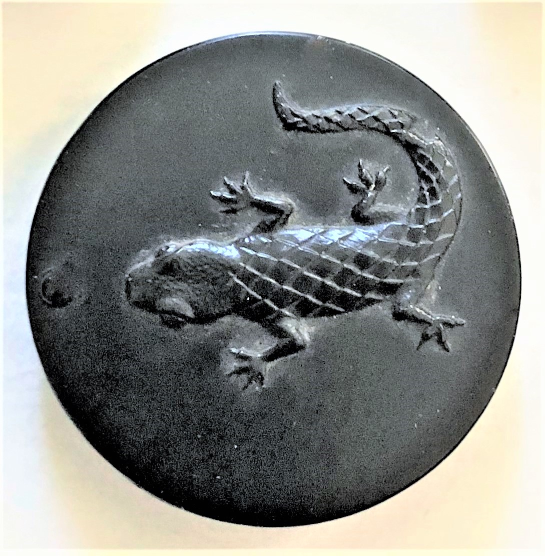 Rare large black glass lizard button