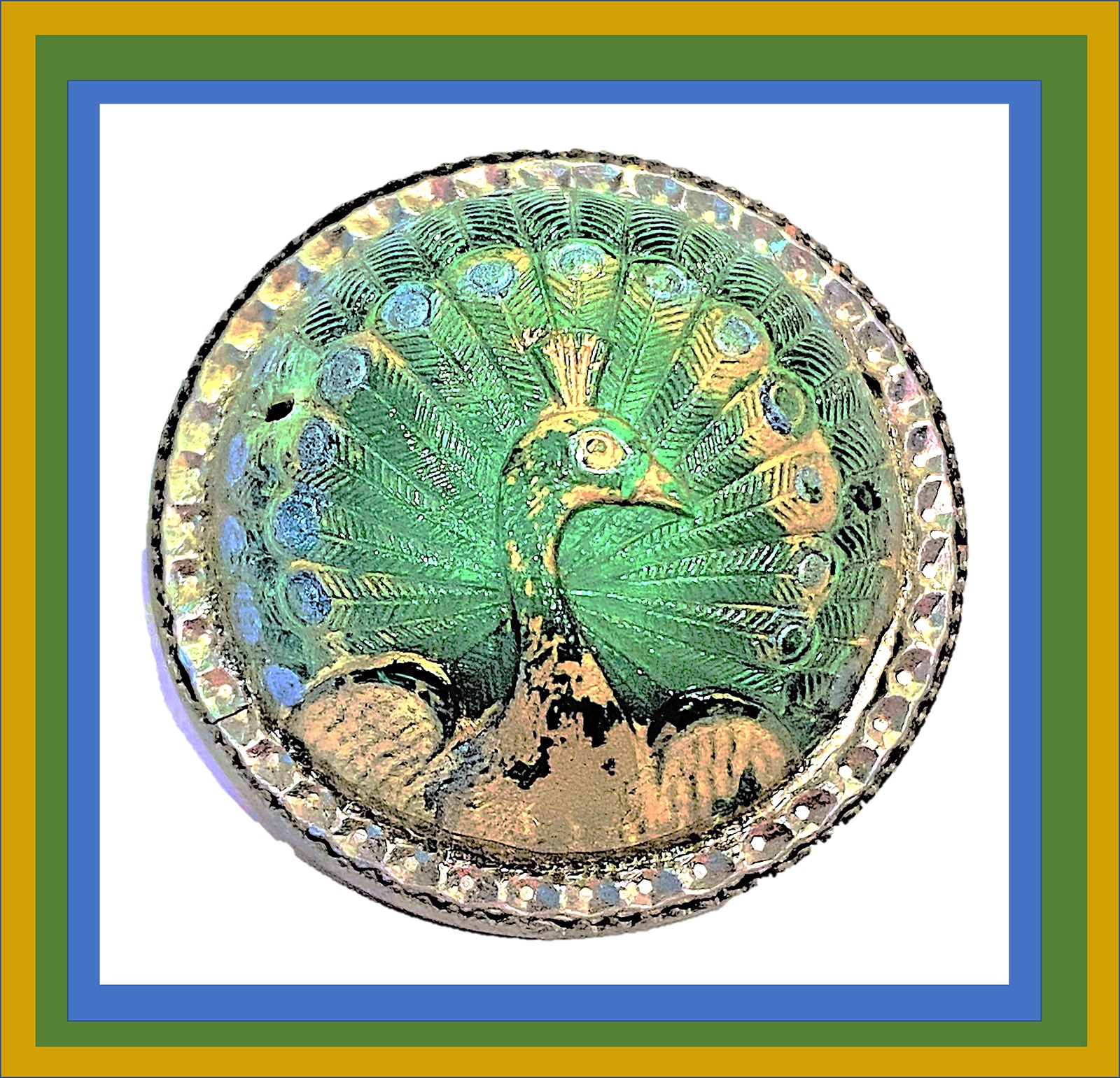 Unusual high domed glass peacock in metal button