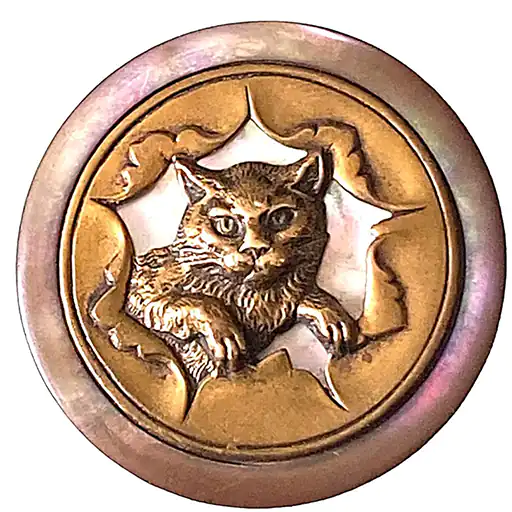 This Large Pearl And Brass Cat Is One Of The Many Cat Buttons In The Auction
