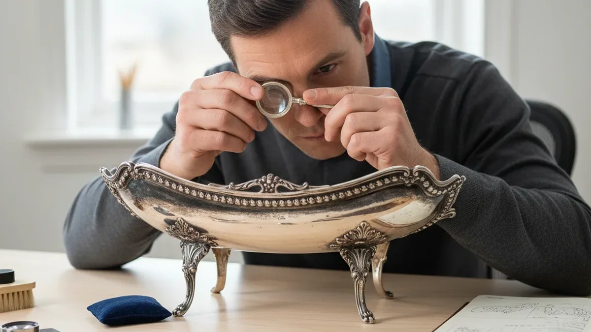 Professional appraiser examining antique furniture with magnifying glass