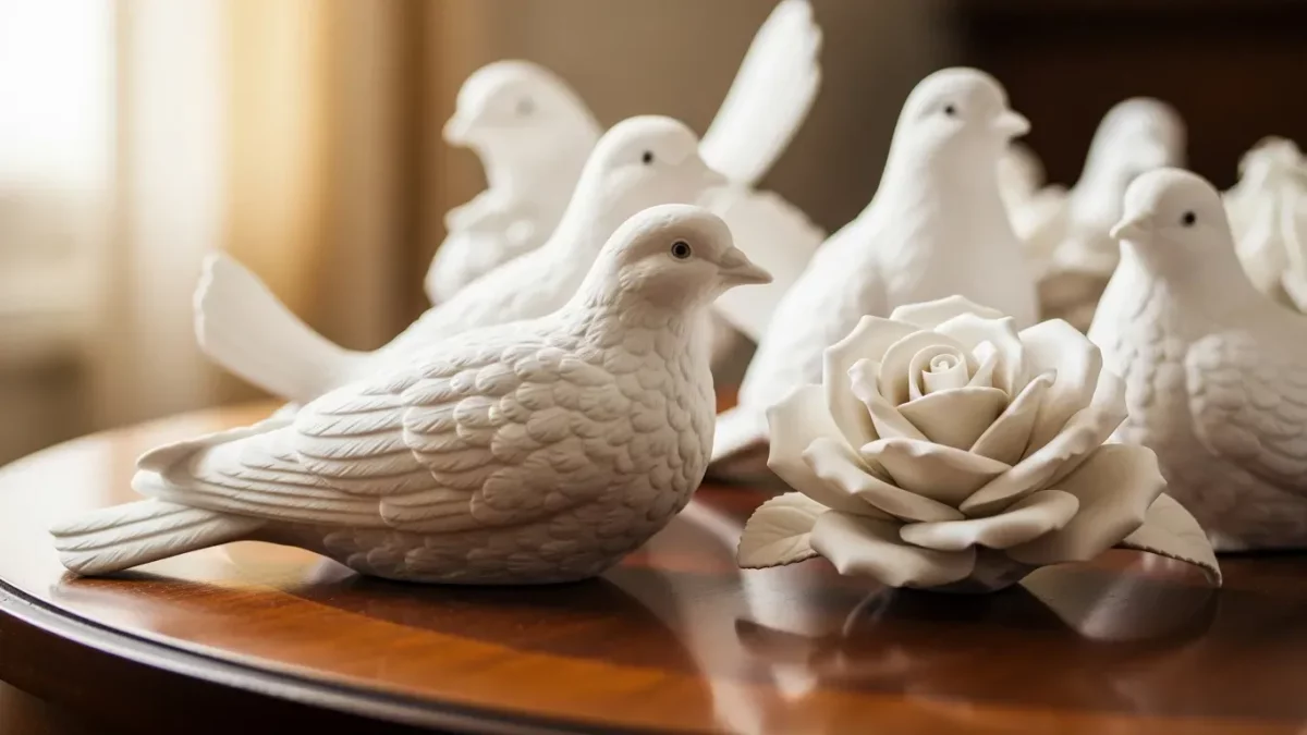 Collection of Boehm porcelain bird figurines and floral sculptures displayed on dark wood