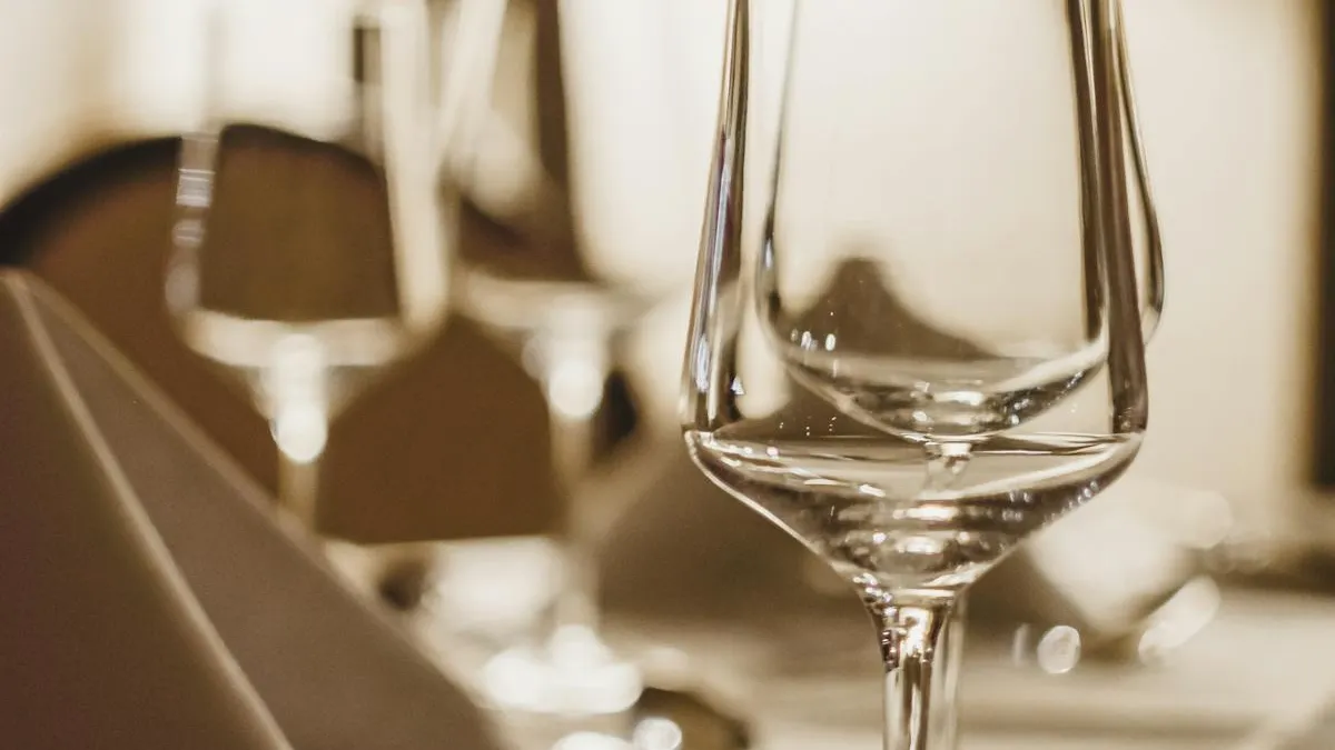 Crystal wineglasses arranged on a table demonstrating the elegance of fine crystal stemware