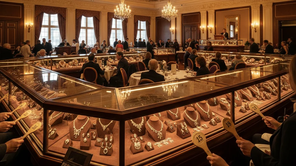 Auction house gallery displaying estate jewelry lots for competitive bidding