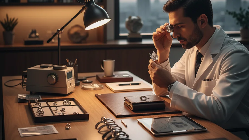 Certified gemologist appraising an estate diamond ring with a loupe