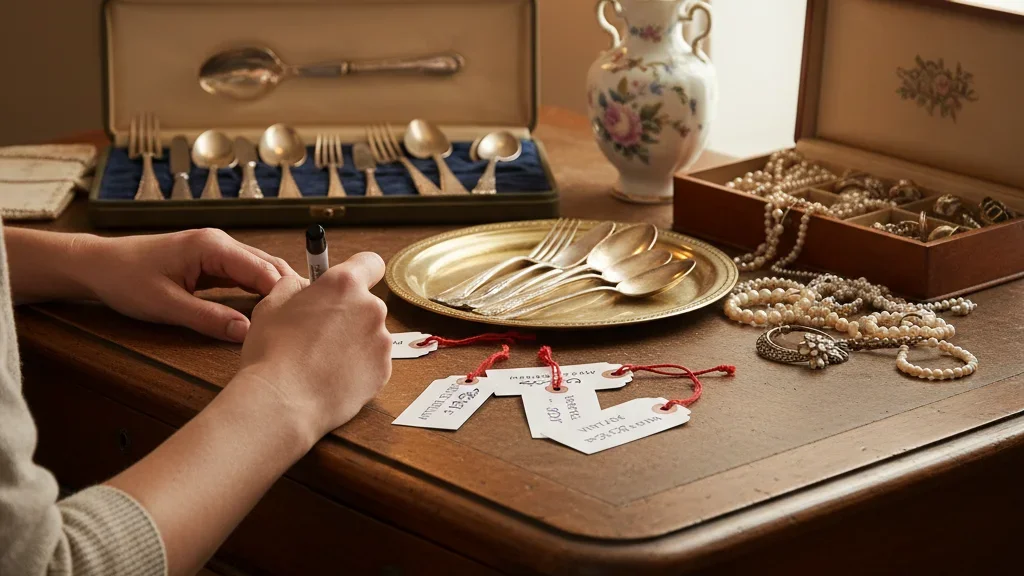 Estate sale staging with organized items and clear price tags