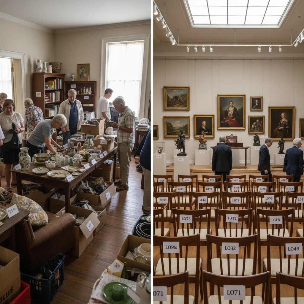 Side-by-side comparison of estate sale and auction house