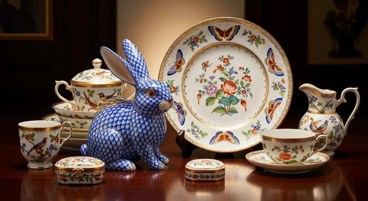 Hand-painted Herend porcelain pieces including fishnet figurines and floral dinnerware