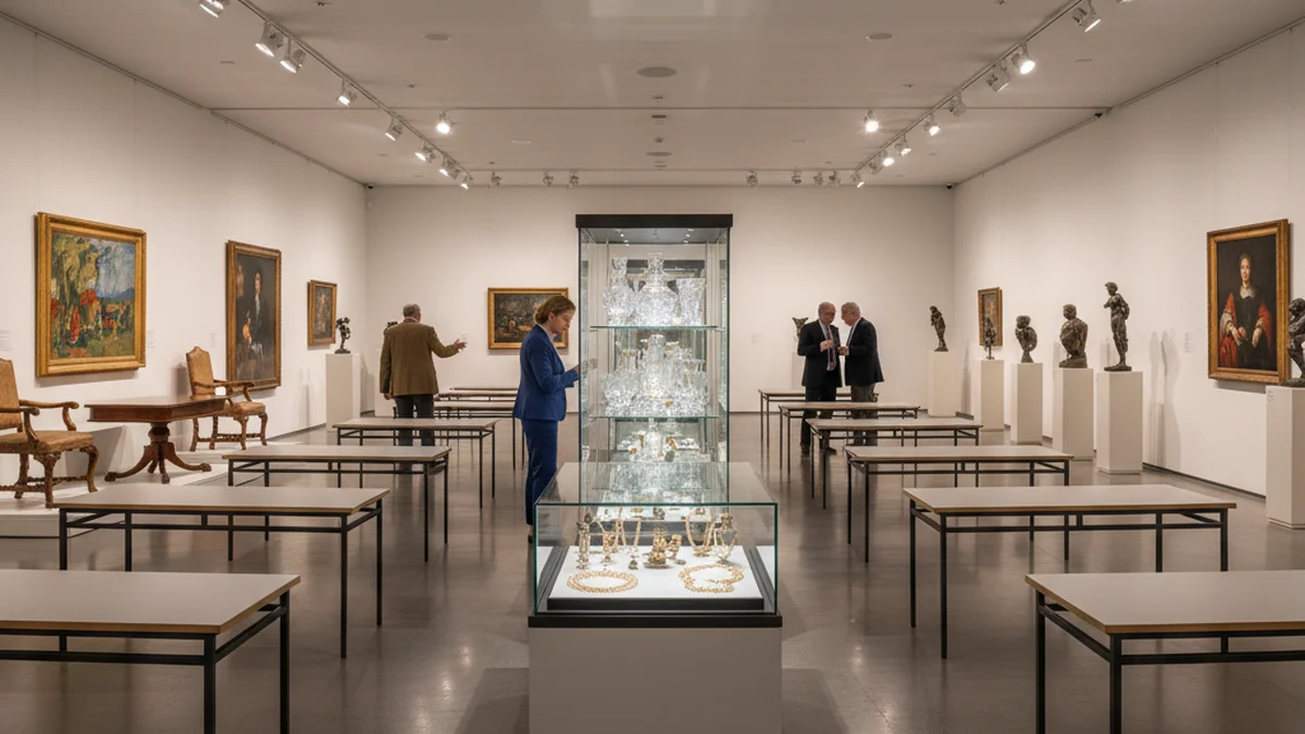 Professional auction house gallery displaying estate items for competitive bidding