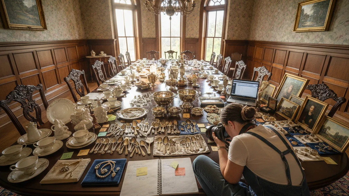Executor inventorying inherited estate items including antiques, jewelry, and art