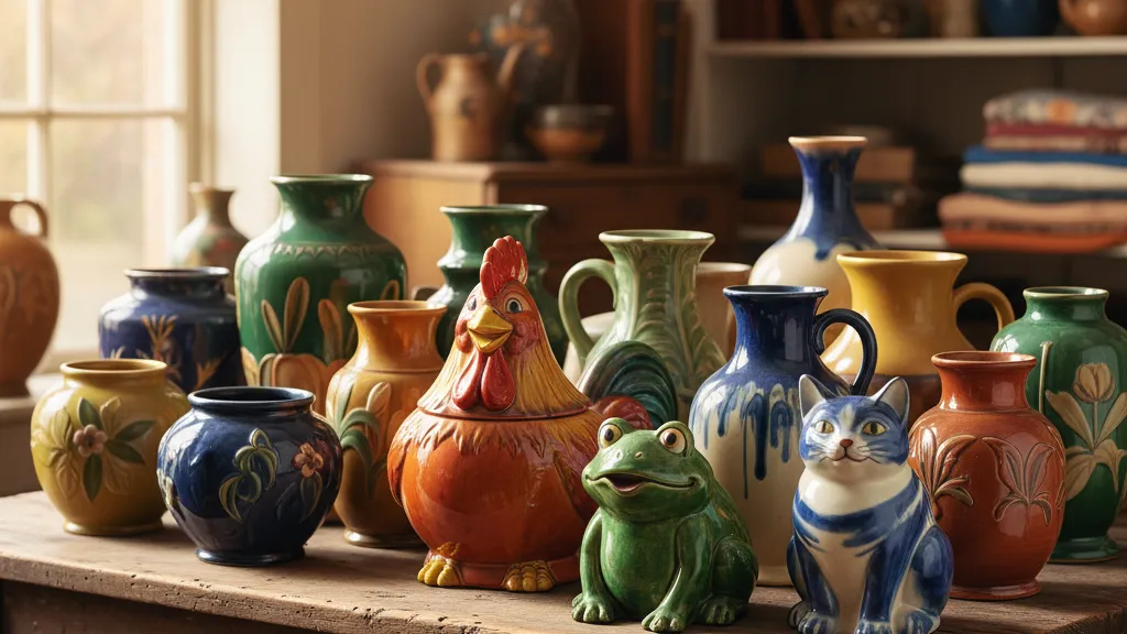 Collection of vintage McCoy pottery including cookie jars, vases, and planters