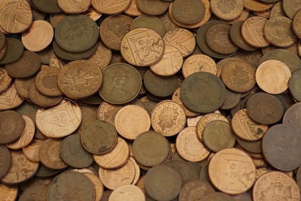 Close-up of vintage coins with varied designs representing valuable numismatic collectibles