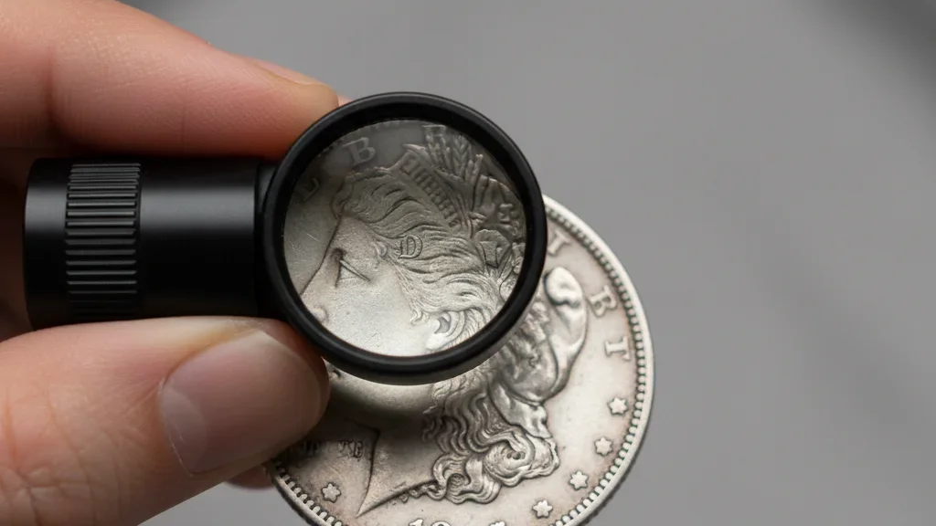 Using a magnifying loupe to examine mint marks on a coin