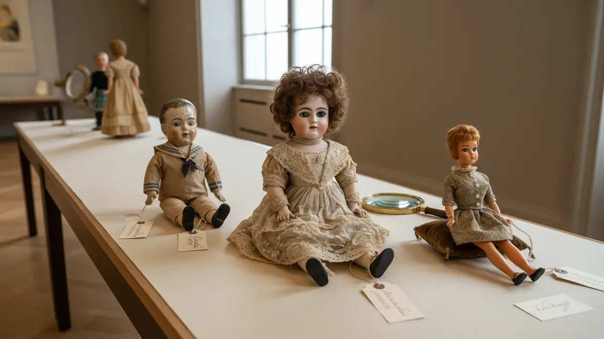 Antique doll value guide showing vintage dolls arranged for auction appraisal