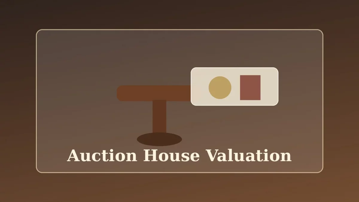 Auction house valuation display with gavel and collectible lots