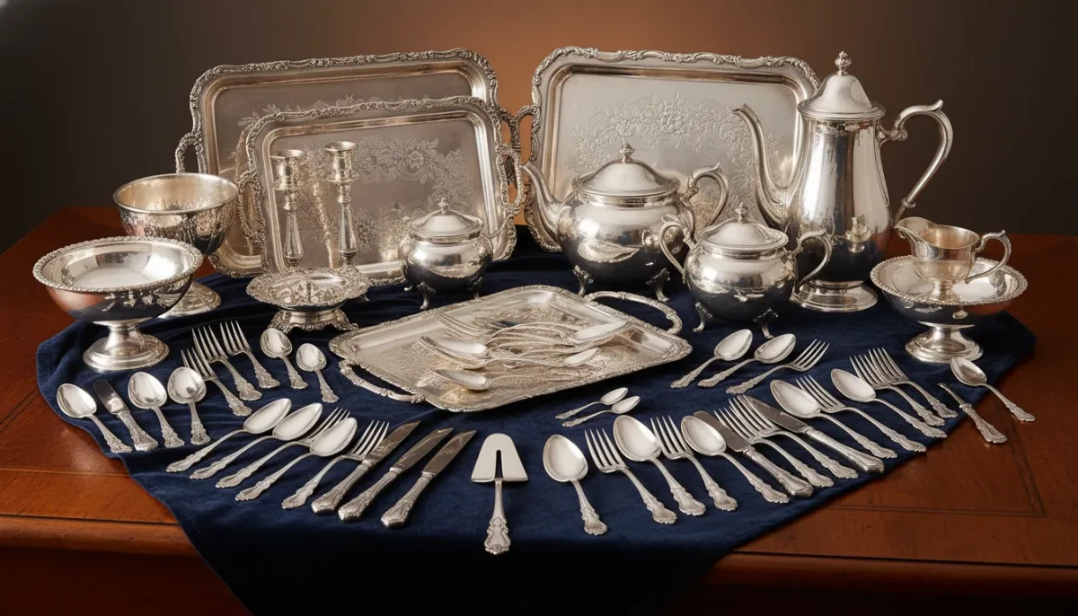 Sterling silver flatware service, tea set, and hollowware arranged for estate appraisal on dark navy velvet