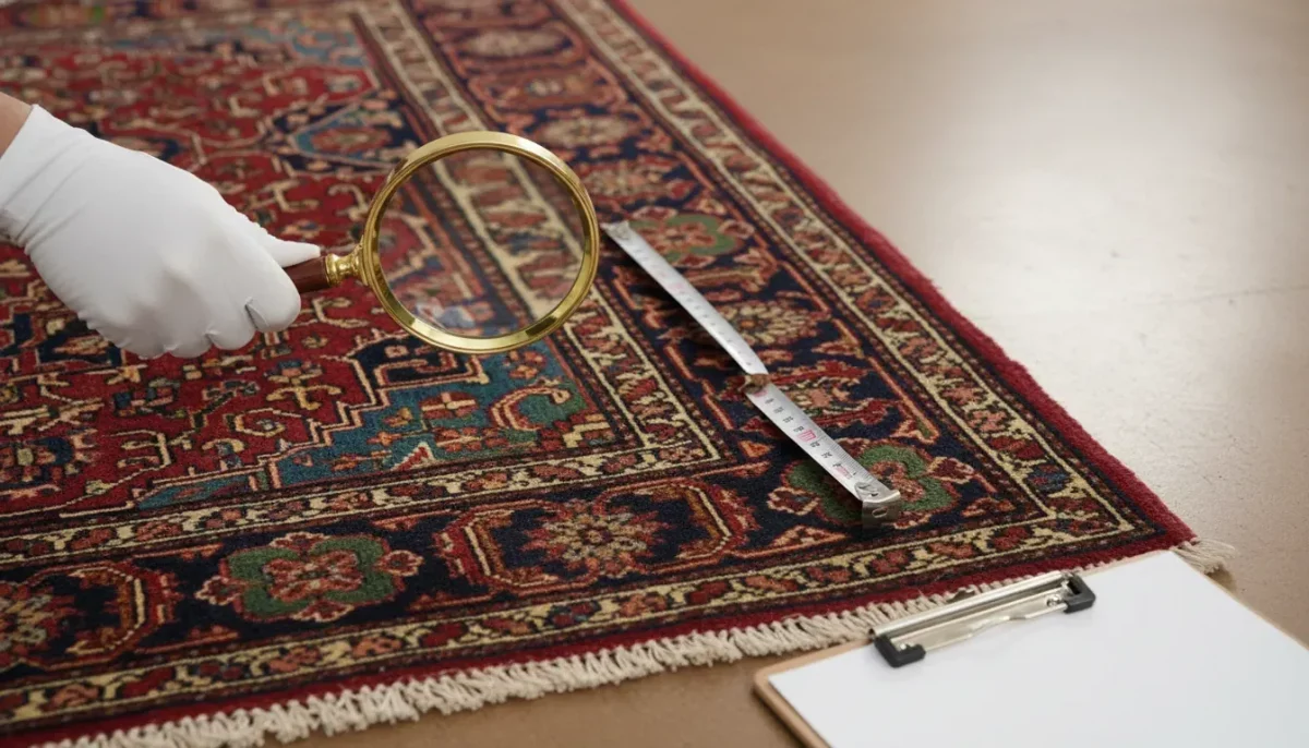 Antique Oriental rug with appraisal magnifier for value guide