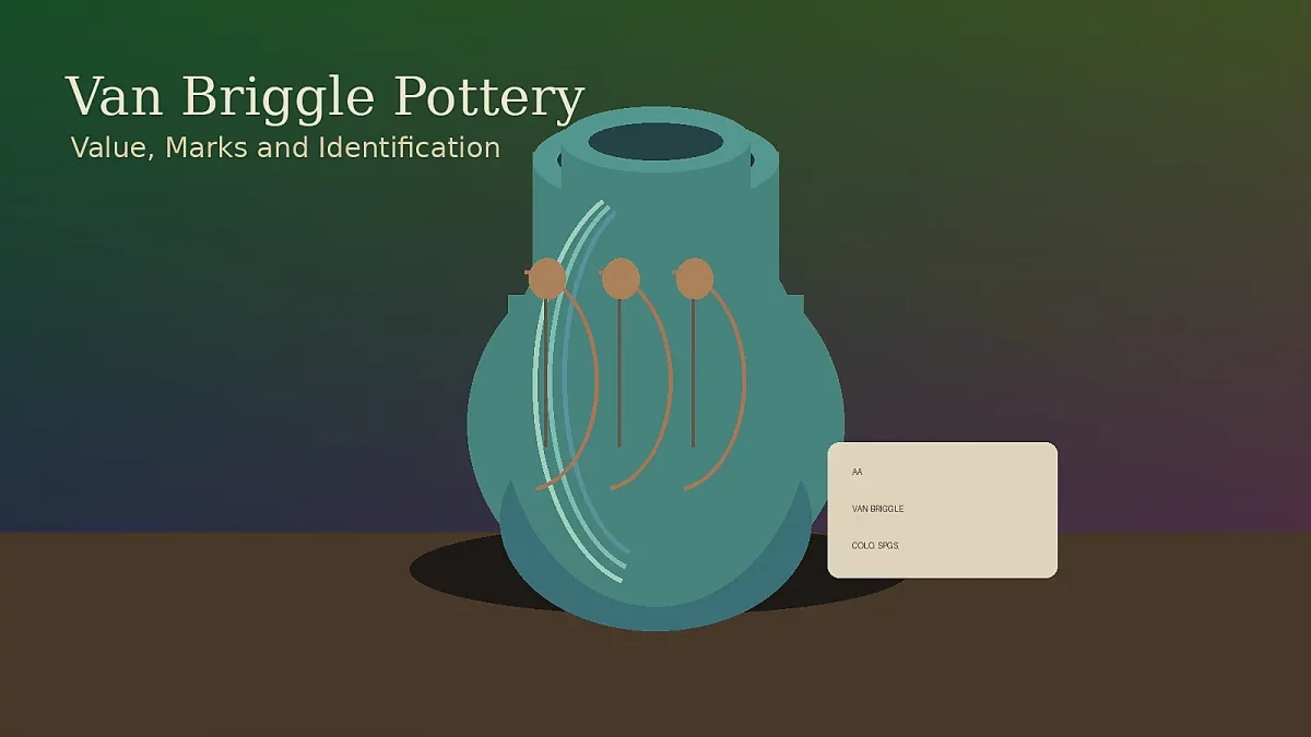 Van Briggle pottery value guide with matte turquoise vase and identification marks