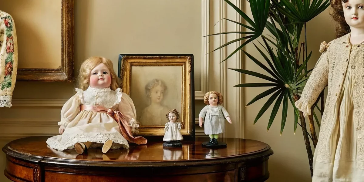 Antique bisque dolls arranged for professional appraisal
