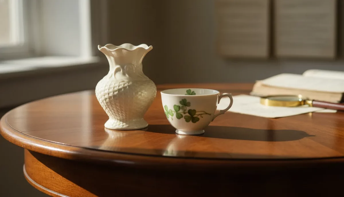 Belleek porcelain vase and shamrock teacup for appraisal