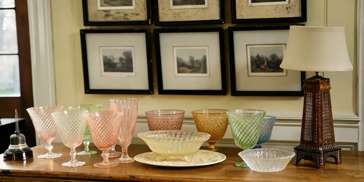 Depression glass value guide with pink green amber and cobalt vintage glassware