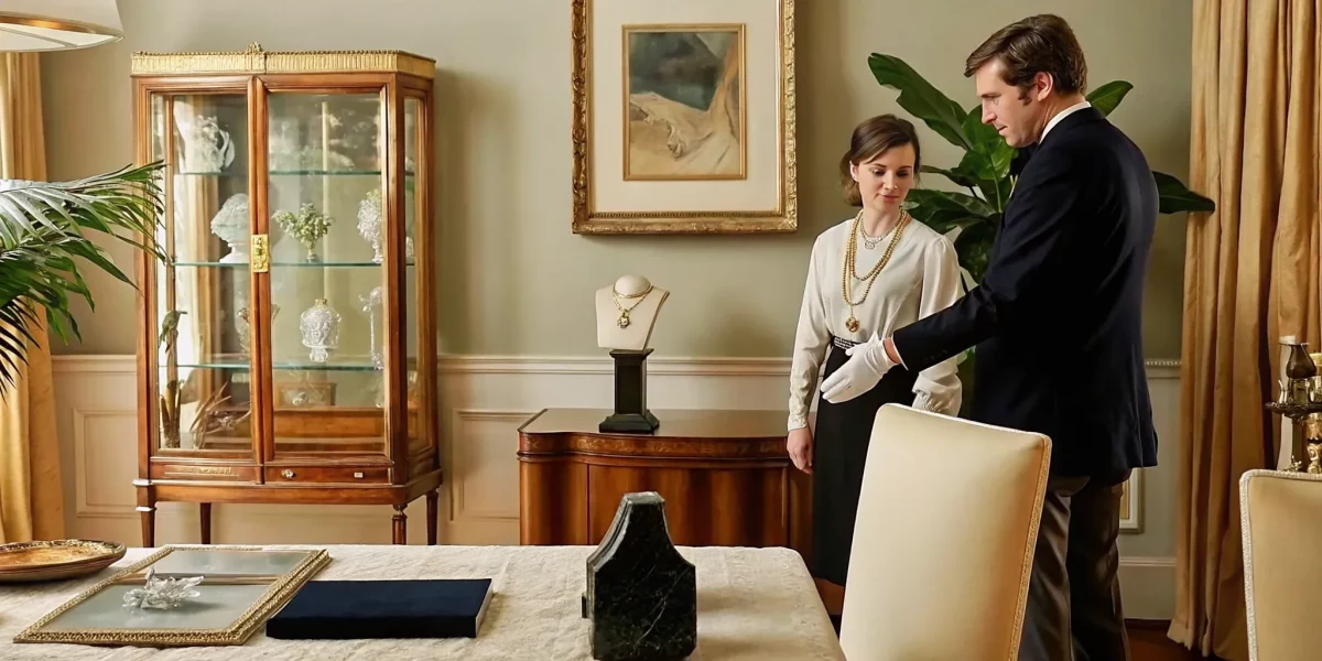 Estate liquidation auction house experts appraising antiques and jewelry.