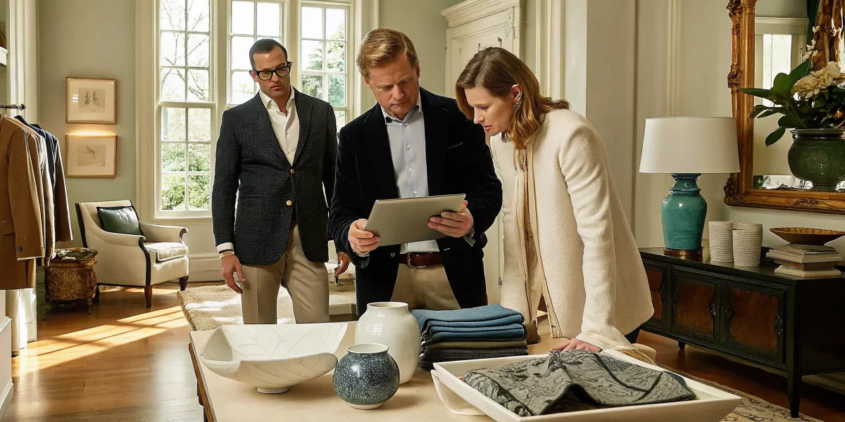 Estate liquidation specialists appraising valuables during an initial estate consultation.