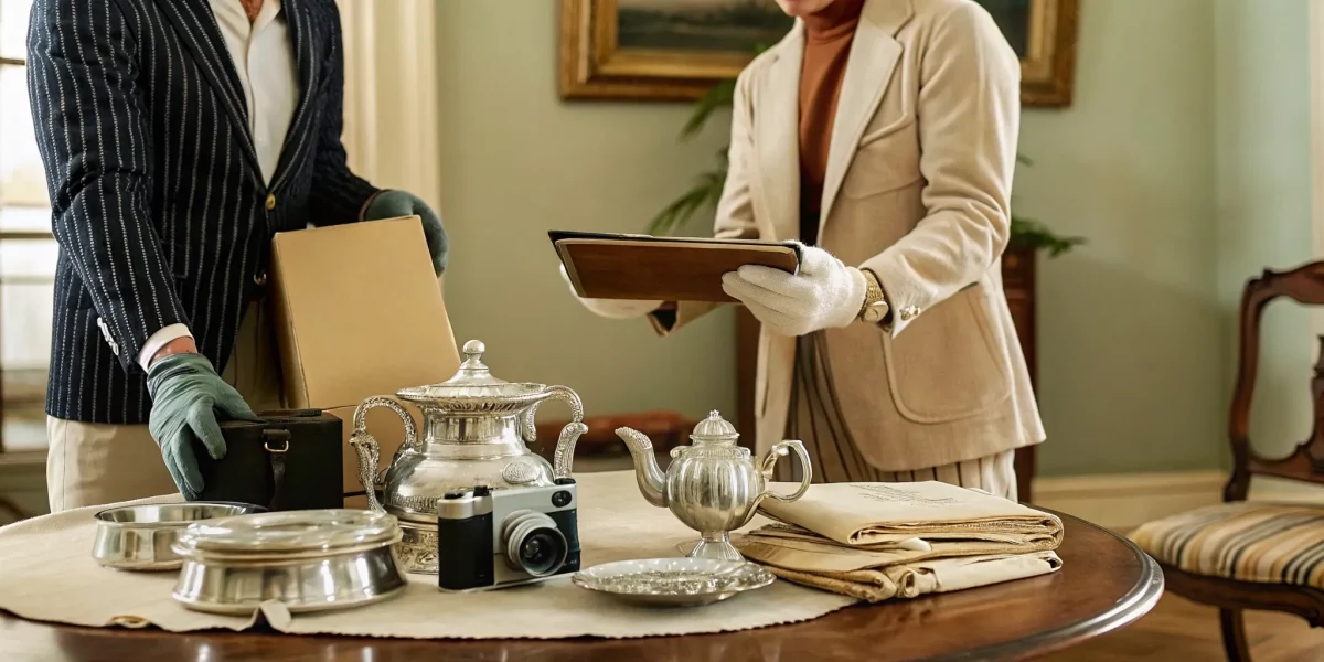Estate liquidators appraising antiques and collectibles for a local estate sale.