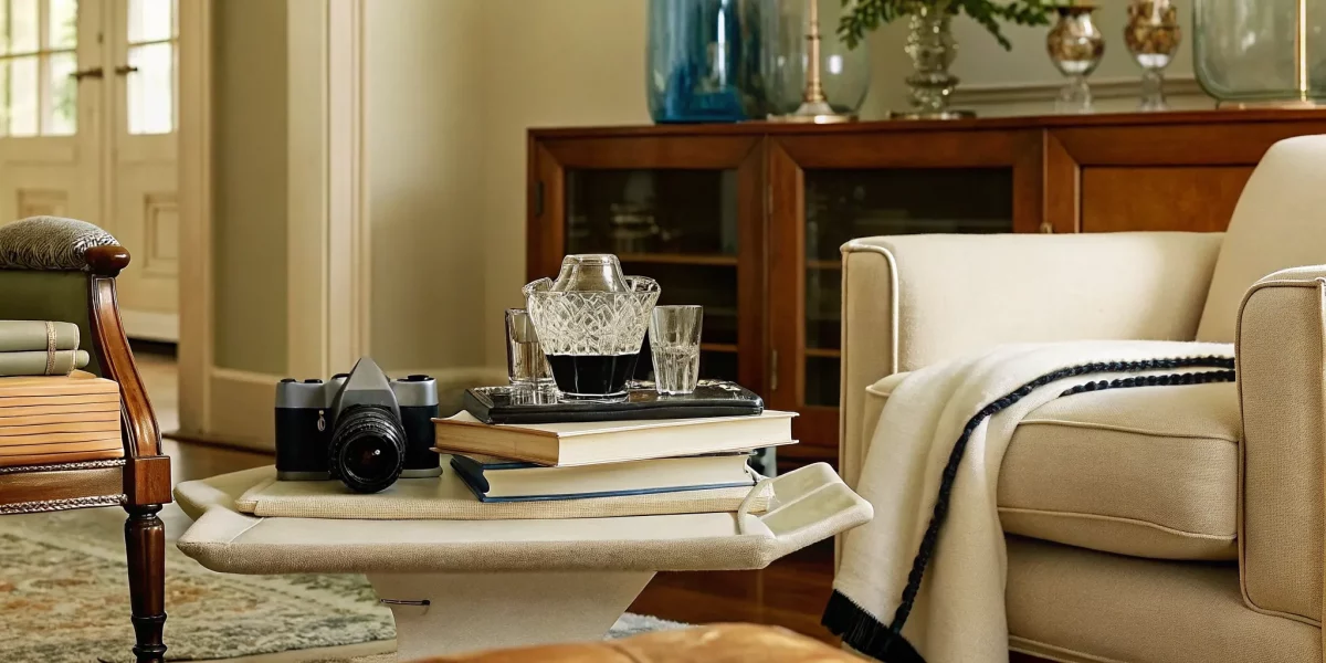 Vintage camera, books, and glassware arranged for an estate sale or liquidation.