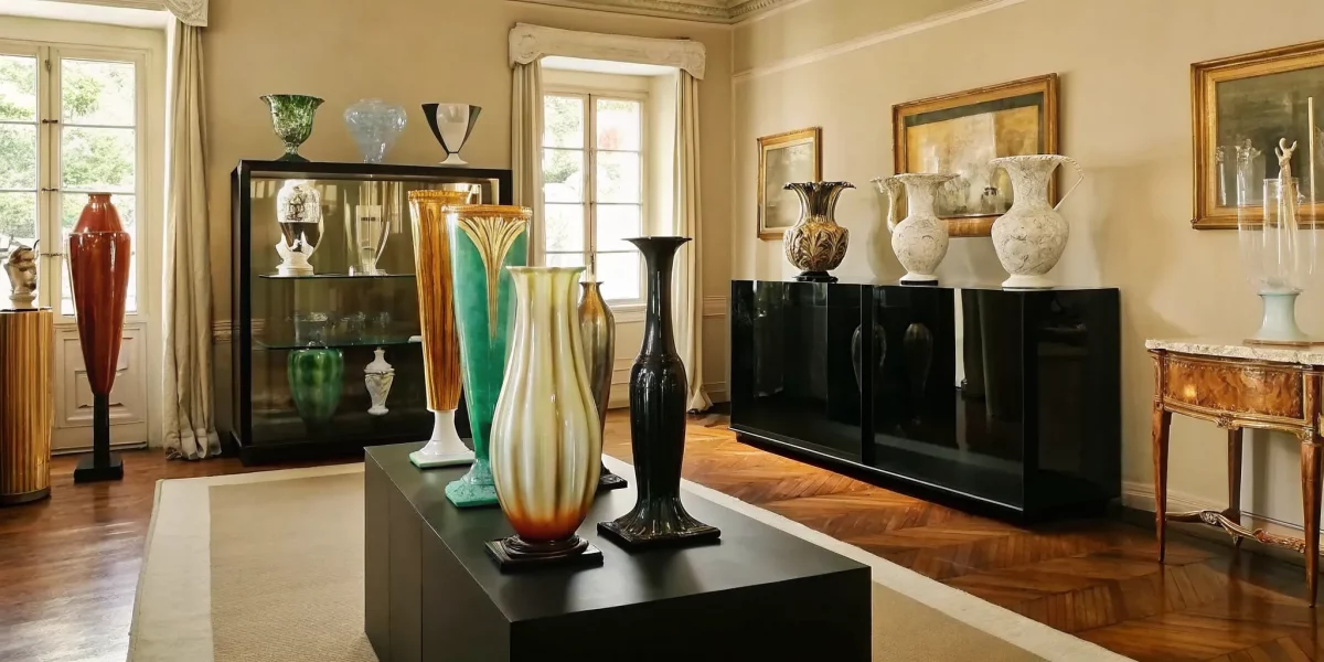 Colorful authentic Murano glass displayed in an auction gallery