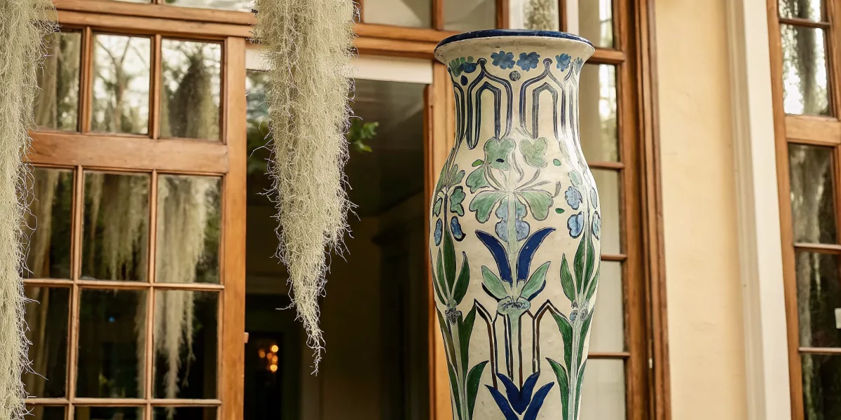 A beautifully decorated Arts and Crafts Newcomb College pottery vase with Spanish moss and live oak trees