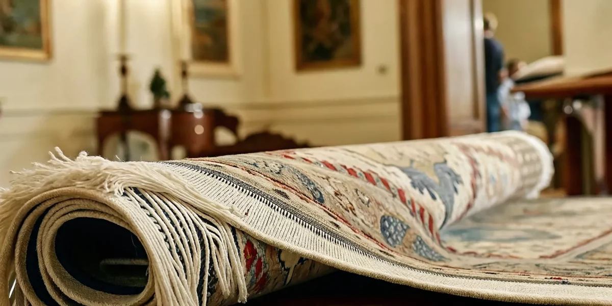 Antique hand-knotted Oriental rug displayed in an auction gallery