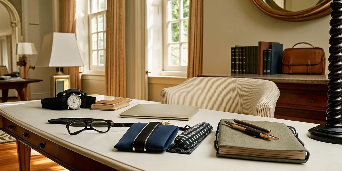 Desk organized for professional estate liquidation with planning notebooks.
