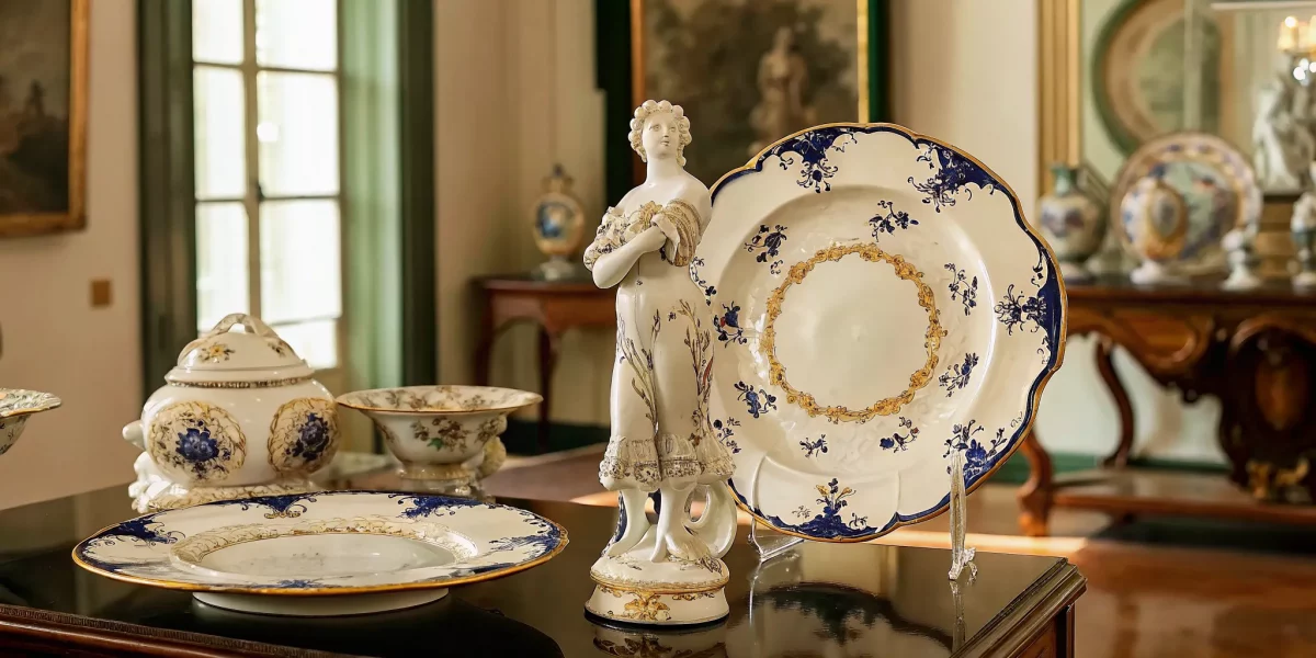 Vintage Rosenthal porcelain displayed in an antiques gallery