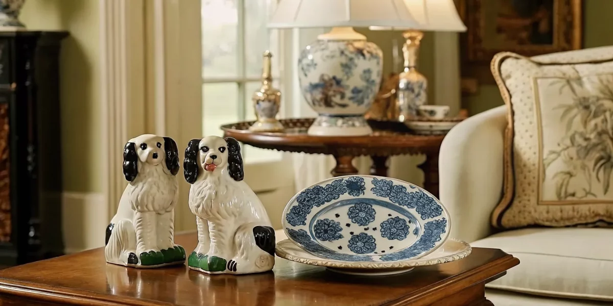 Antique Staffordshire pottery figures and transferware platter
