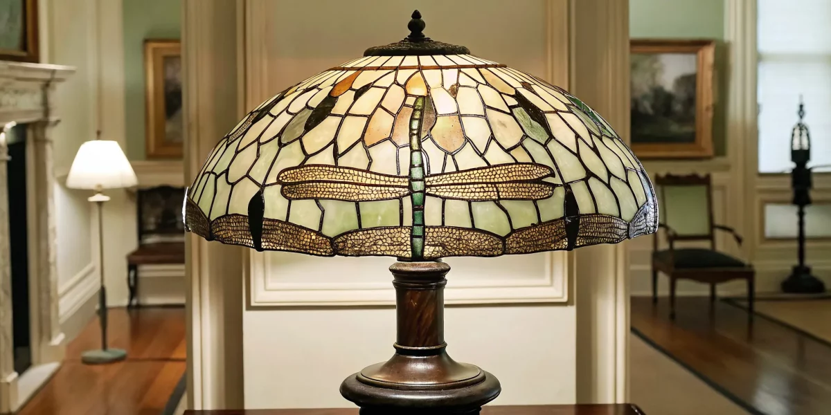 Illuminated Tiffany-style stained glass lamp with dragonfly shade and bronze base