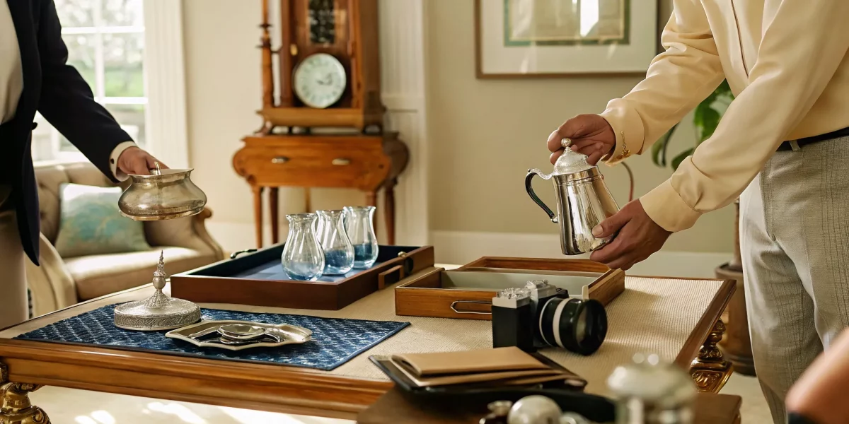 An estate liquidation company appraising and staging items for an estate sale.