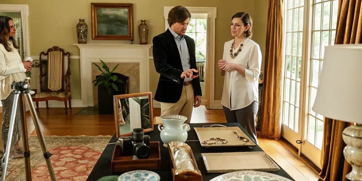 Estate sale liquidation service team appraising valuables during a home consultation.