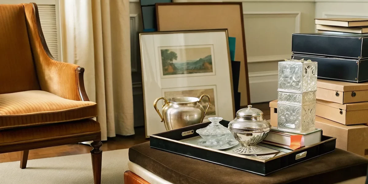 Staged living room for a full service estate liquidation with art and valuables on display.