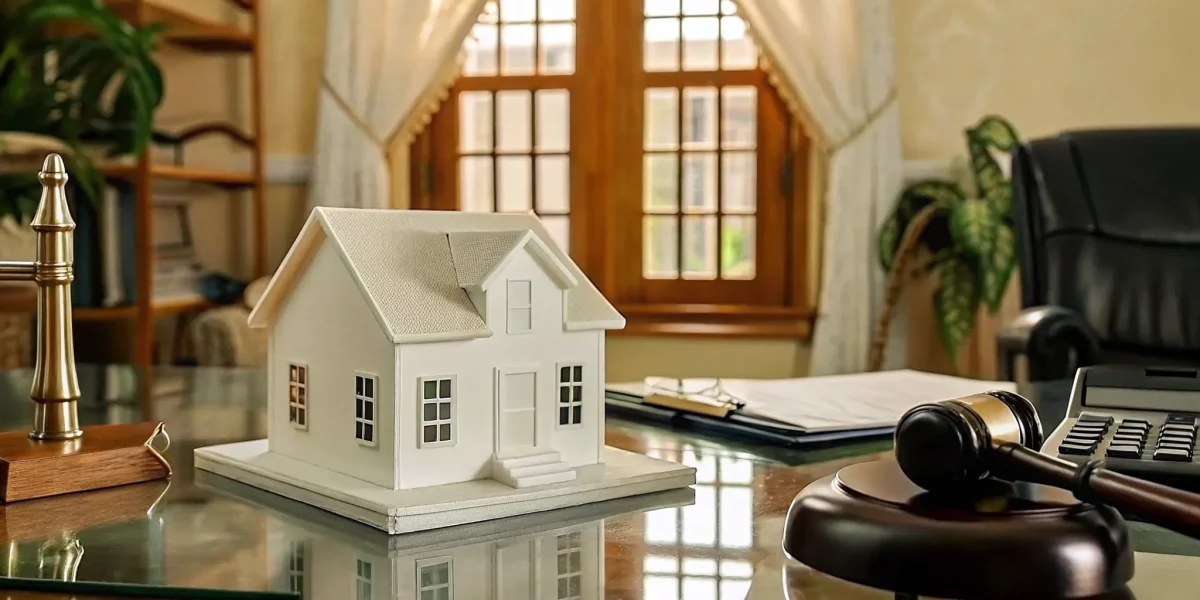 A model house, gavel, and paperwork for a Florida estate liquidation.