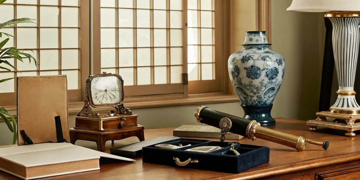 A collection of antiques on a desk being prepared for an estate liquidation.