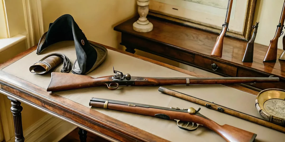 Antique firearms and a military sword displayed on a rustic wooden table with leather and brass ammunition