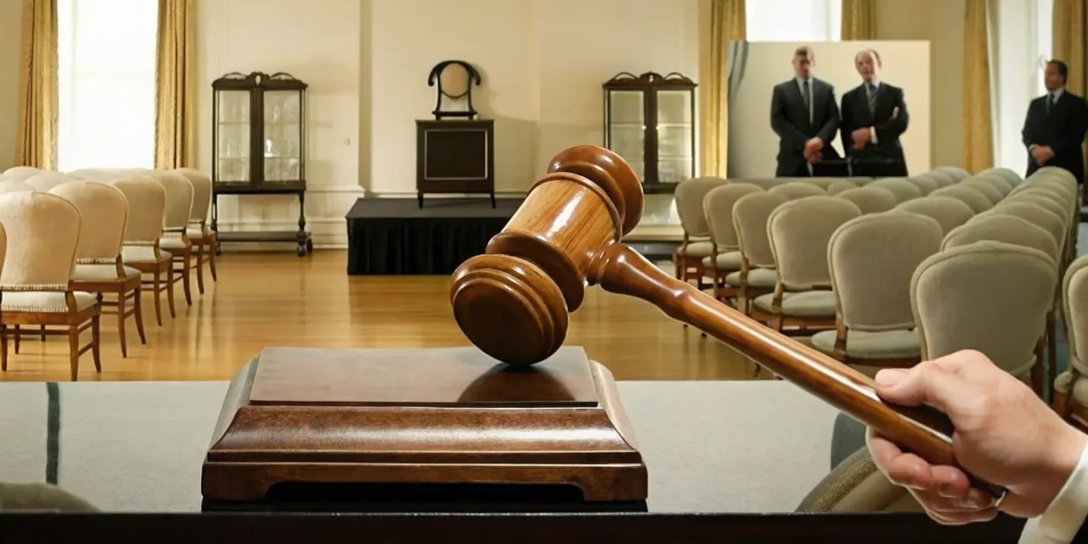 An auction house conducting an estate liquidation for a room of bidders.