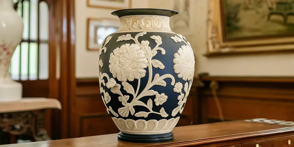 Antique cameo glass vase with white carved floral relief on dark blue ground
