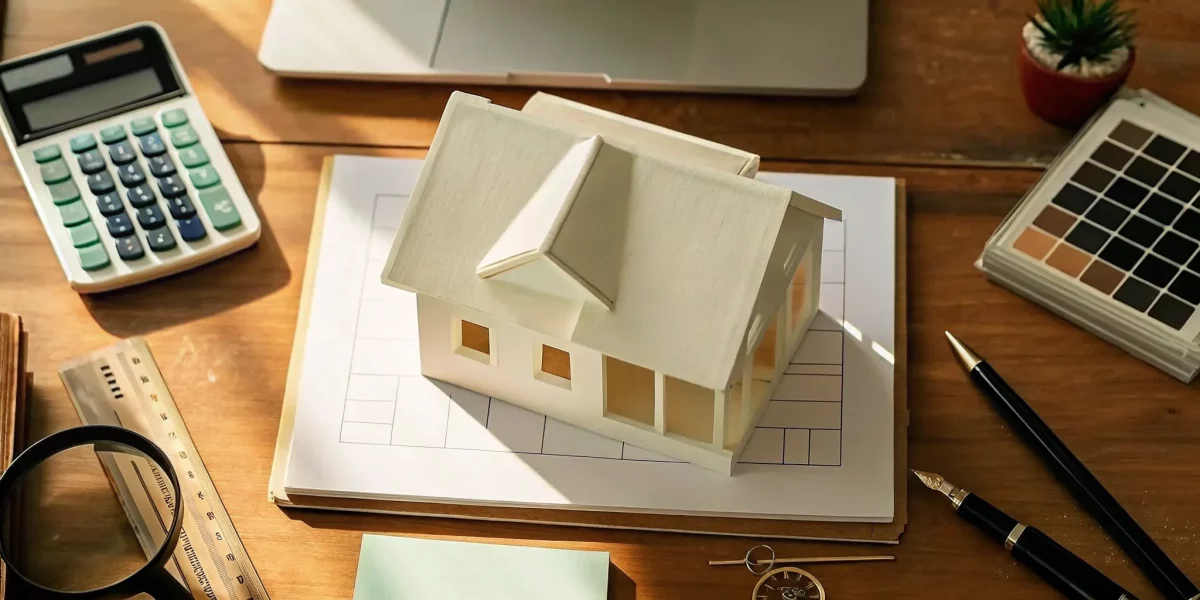 Model house and calculator on blueprints for a certified estate appraisal.