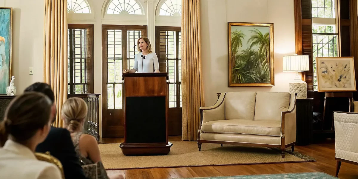 Florida estate auction house holding a live auction with an auctioneer and fine art.