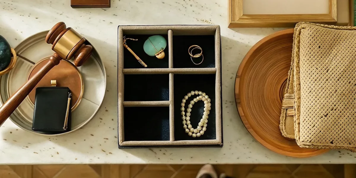 Jewelry, a gavel, and valuables prepared for estate liquidation in South Florida.